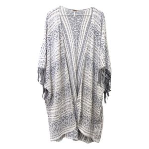 Free People Gray and White Patterned Fringe Kimono